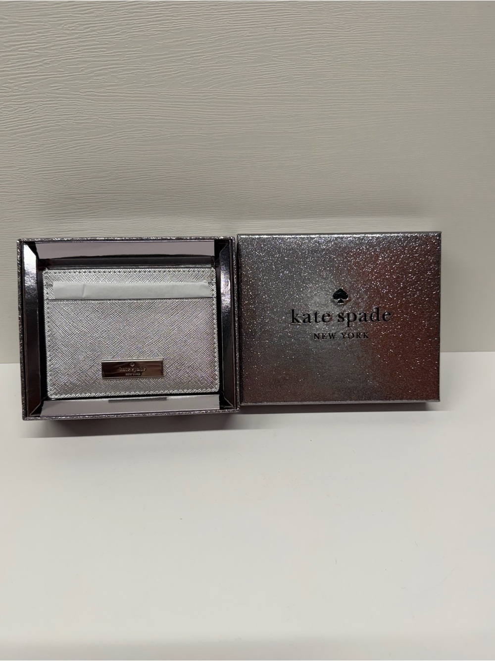 Kate Spade Kenzie Metallic Saffiano Card Holder Silver Lunar Light NIB